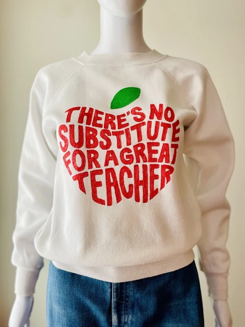 Vintage S 80s Hand Painted Apple Teacher Raglan Crewneck Kidcore Sweatshirt