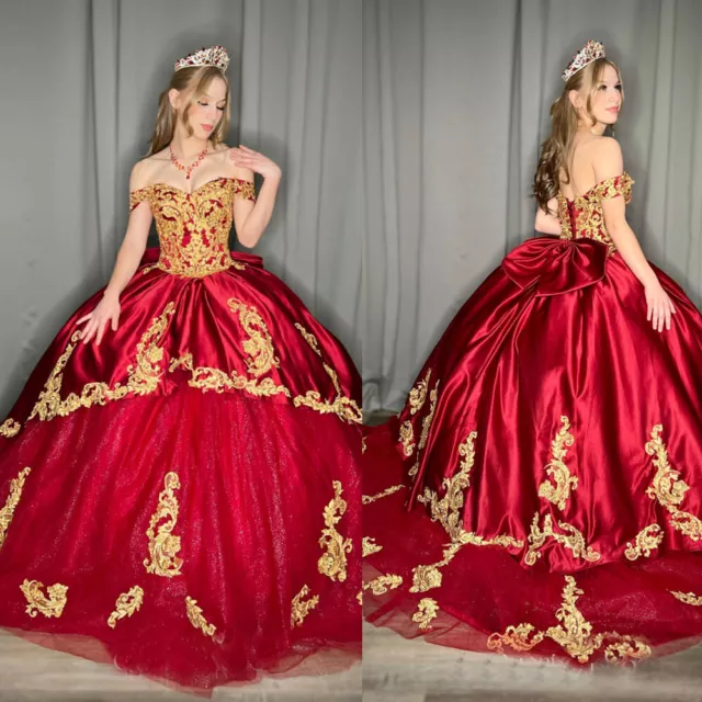 Elegant Red Sweet 16 Quinceanera Quinceanera Dresses Gold Lace Prom Party Gowns