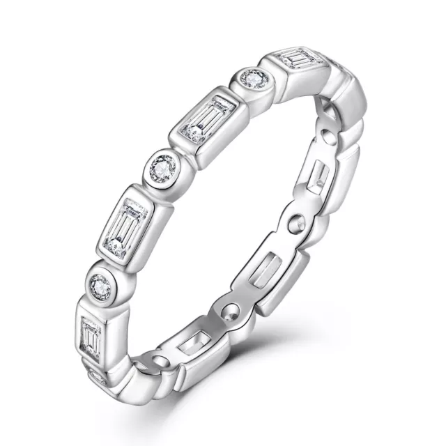 925 Sterling Silver CZ Baguette & Round Full Eternity Band Ring size J to S