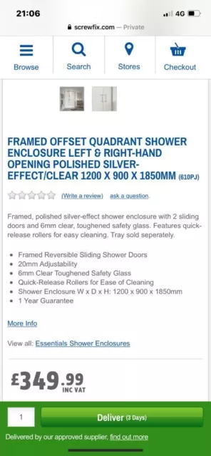 Framed Offset Quadrant  Shower Enclosure, 1200 x 900 x 1850mm, RRP £349.99