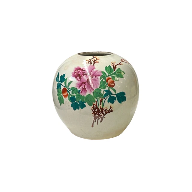 Vintage Chinese Pink Peonies Round White Porcelain Pot Vase ws4526S Vintage Chinese Pink Peonies Round White Porcelain Pot Vase ws4526S