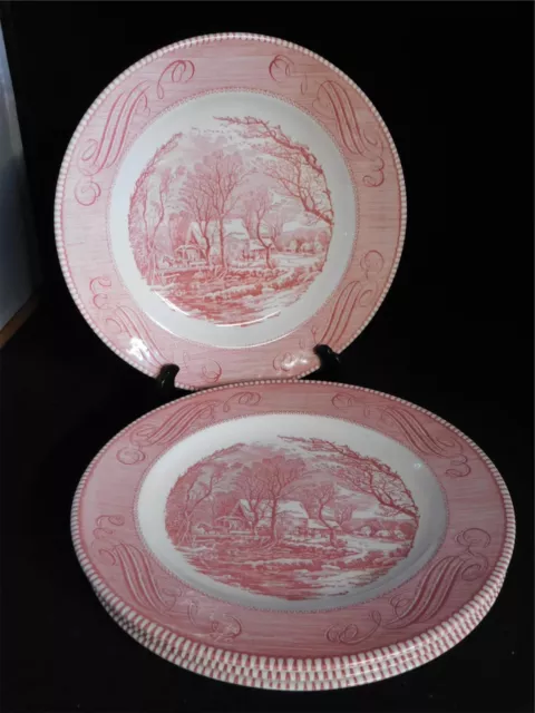 5 Royal China Currier & Ives Red Pink 10" Dinner Plates Old Grist Mill