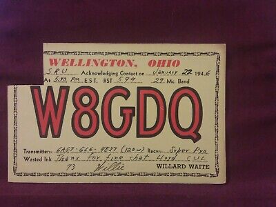Vintage 1946 CB Ham Radio QSL Postcard Card WELLINGTON OHIO Call Sign W8GDQ
