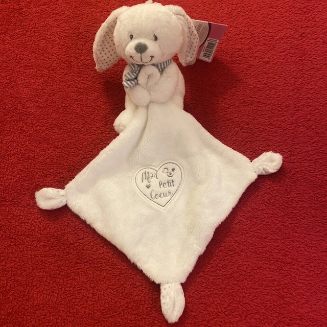 🇫🇷 Doudou Lapin Blanc Mouchoir Cœur Gris Mon Petit Cœur POMMETTE 100 % NEUF