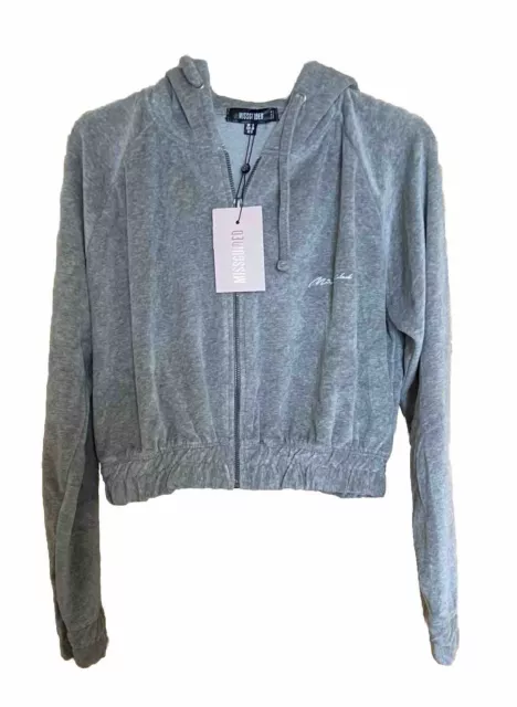 Ladies “ MISSGUIDED “ Grey Marl Velour Zip Up Crop Hoodie / Top Size 10 BNWT