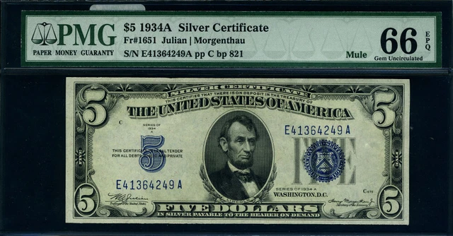 FR. 1651 $5 1934-A Silver Certificate Mule E-A Block Gem PMG CU66 EPQ 2