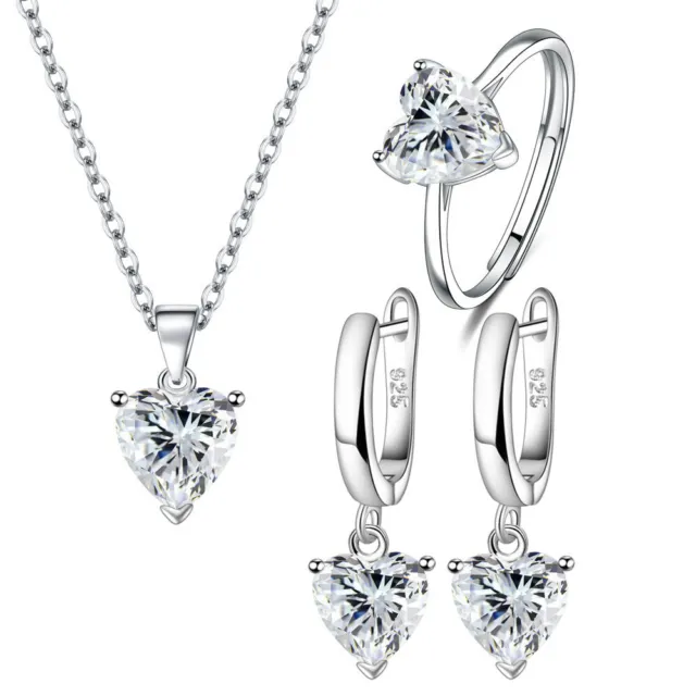 Women 925 sterling Silver earrings necklace ring white heart zircon jewelry set
