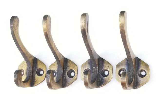 4 Double Coat Hat Hall Towel Clothes Hooks Solid Brass Ant. Style 2 1/4" #C3