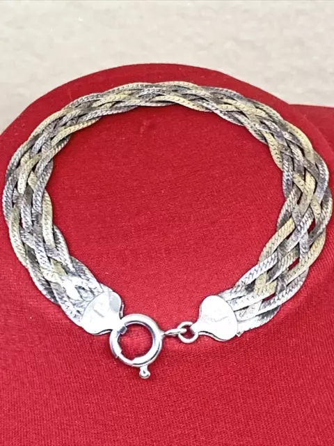 Bracciale Argento 925 Anni 70 A 6 Fettucce Piatte Intrecciate Di Due Colori