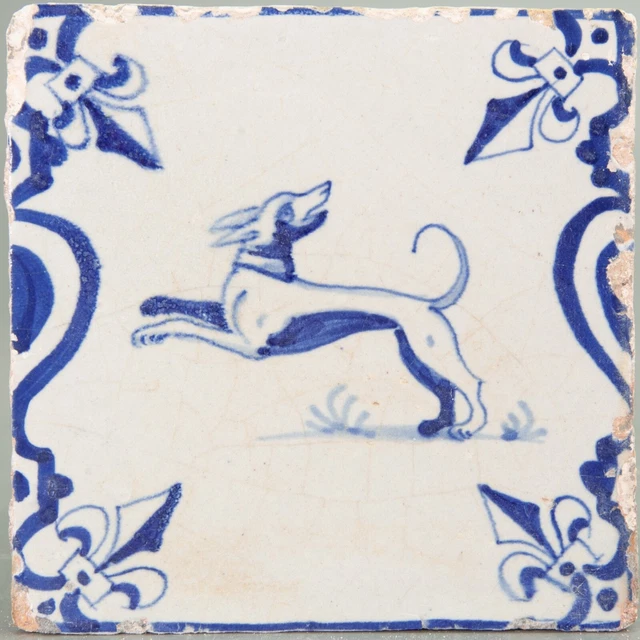 Nice Dutch Delft Blue animal tile, jumping dog, first half 17th. century.