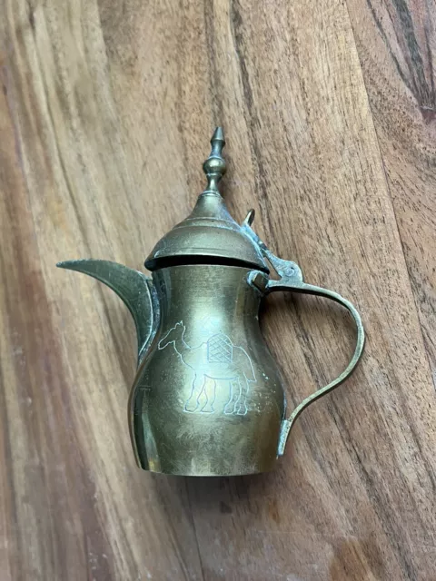 Etched Vintage Brass Dallah Coffee Pot Arabic Middle Eastern Handmade Incised