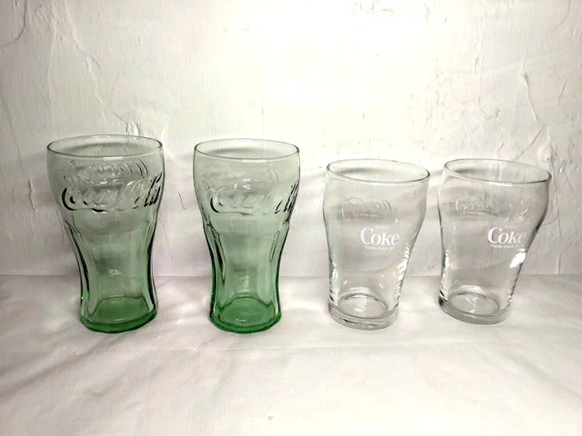 Collection of (4) Coca-Cola Glasses! Small/Unique/ Transparent Green & Clear