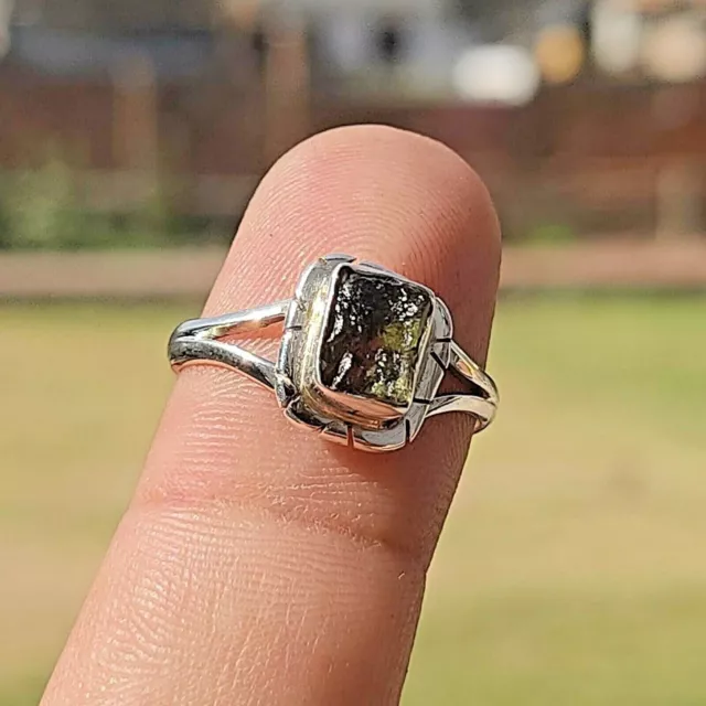 925 Sterling Silver Natural Moldavite Rough Gemstone Ring Jewelry Cadeau...