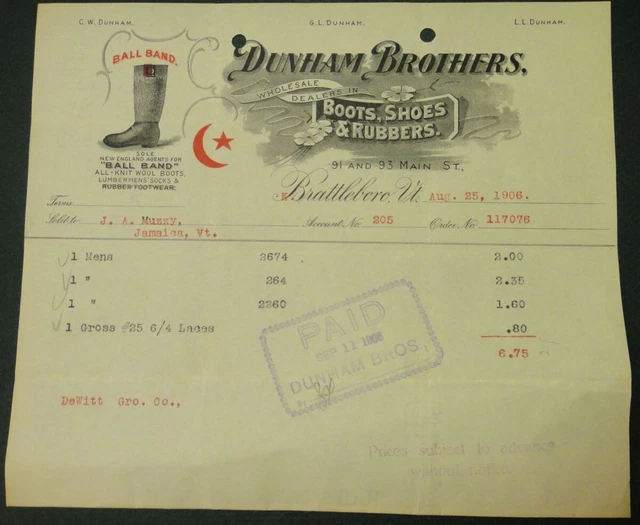 1906 antique DUNHAM BROTHERS BOOTS,SHOES,RUBBERS brattleboro vt ILLUS RECEIPT