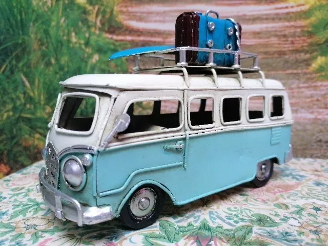 VW Style Camper Van Ornament Blue Tin Metal Model Rustic Vintage Style Camping