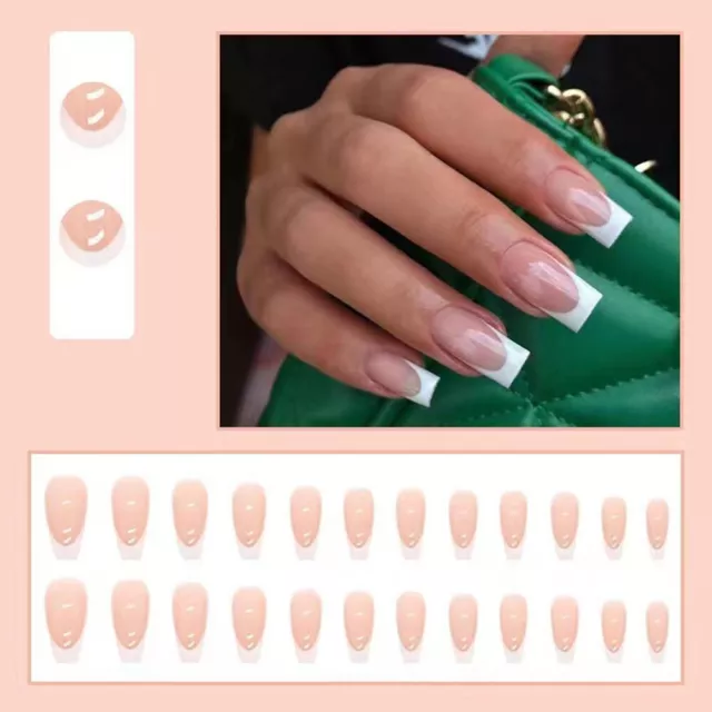 24 Piezas De Uñas Postizas Francesas Cuadradas Cobertura Completa Manicura <