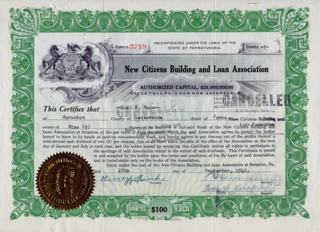 New Citizens Building and Loan Association, Pennsylvania, 1940 (9 Shares)