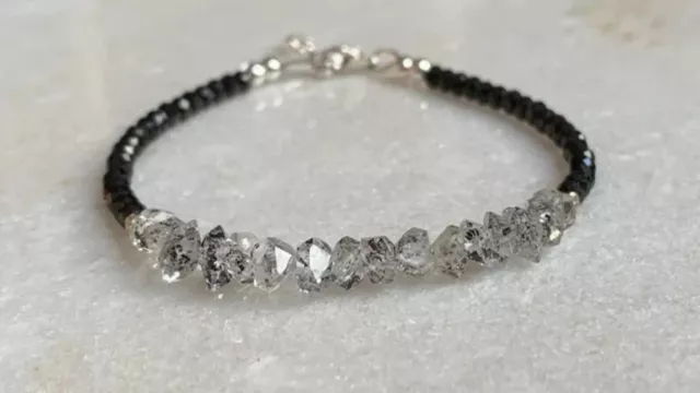Black Spinel+White Herkimer Diamond Quartz Gemstone Beads Unisex Bracelet 7"./
