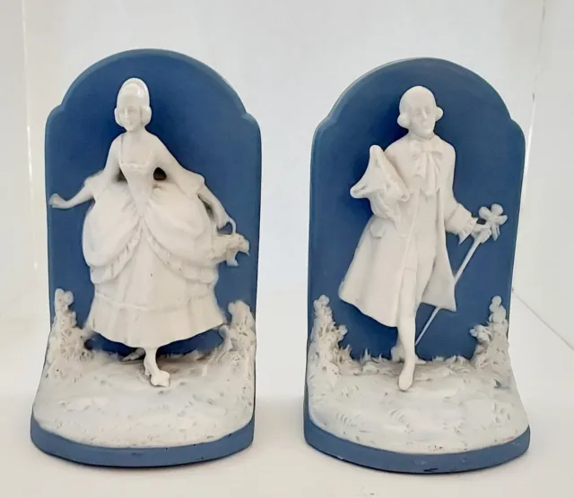 German Jasperware Style Bookends Blue White 3D Baroque Set 2 Man and Woman VTG