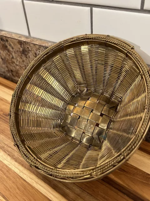 Vintage Brass Woven Basket Solid Brass Made In Thailand Round Basket 3