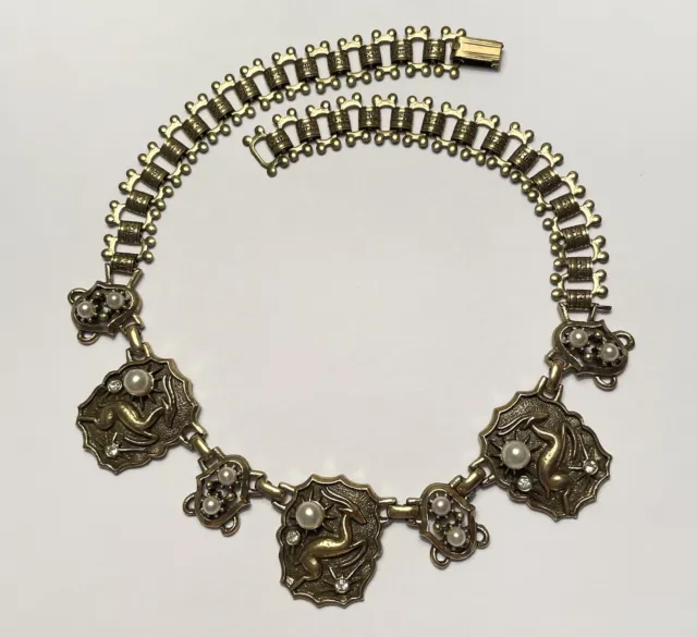 Vintage Pegasus CORO Rare Gazelle Rhinestone & Faux Pearl Necklace W/Book Chain