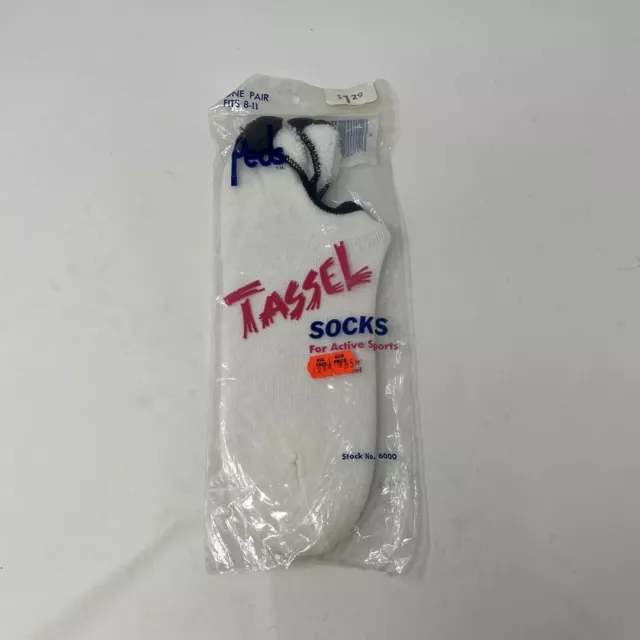 VTG Peds Tassel Sport Socks low cut White Black Women's socks fits sz 8 -11 Pom