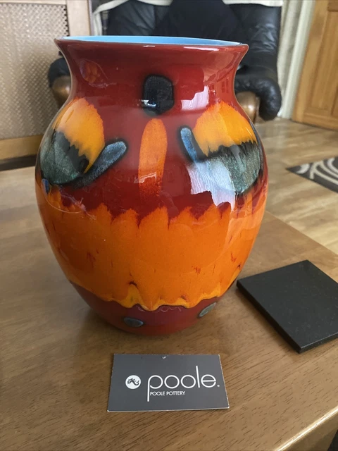 Vintage Poole Volcano Red Orange 9.  1/2 Inch  Vase Blue Interior Studio Pottery