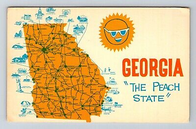 GA- Georgia, Scenic Map Greetings, Landmarks, The Peach State, Vintage Postcard