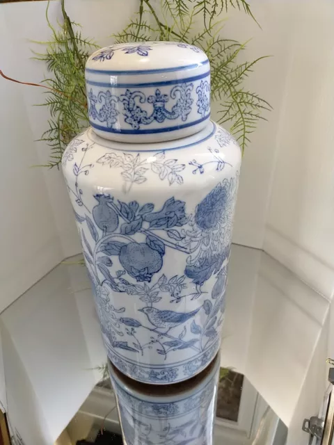 Oriental Tall Lidded Pot Ginger Jar Pomegranate & Birds Design 28x12cm VGC