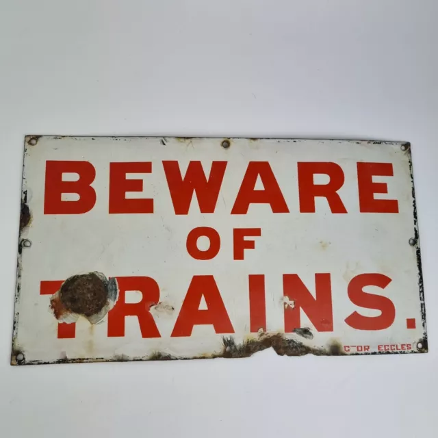 Vintage Enamel Railway Sign Beware Of Trains Red And White 42cm x 23cm