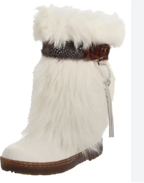 BearPaw KOLA Calf Sheep Skin Goat Fur Feathers Boots White Women Size 9 Warmest