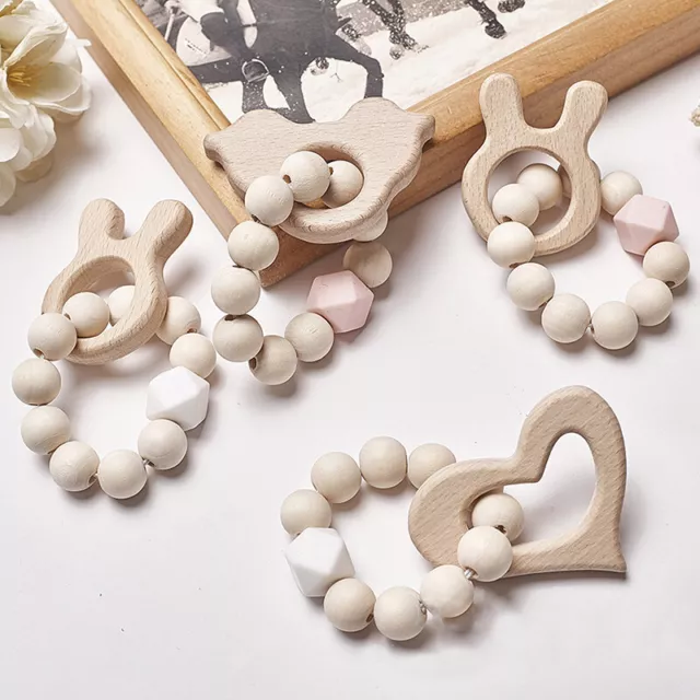 12# Wooden Rattle Beech Bear Hand Teething Ring Baby Rattles Play Stroller 'EL