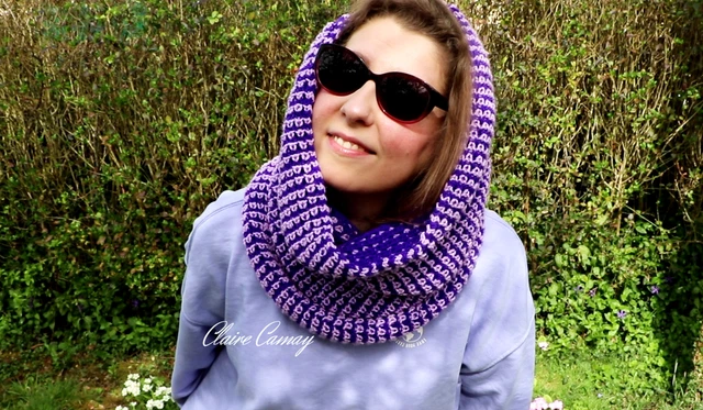 SNOOD CAPUCHE OU tour de cou réversible violet et mauve EUR 50,00