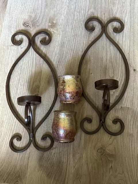 Set of 2 Vintage Brown Wall Candle Sconces With Glass Candle Holder