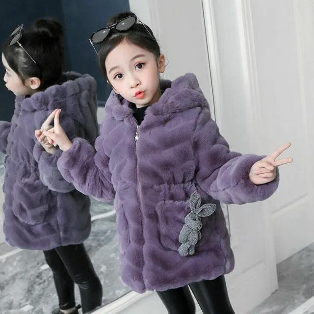 Kids Winter Warm Hooded Outerwear Girls Faux Fur Coat Zip Lovely Jacket Parka