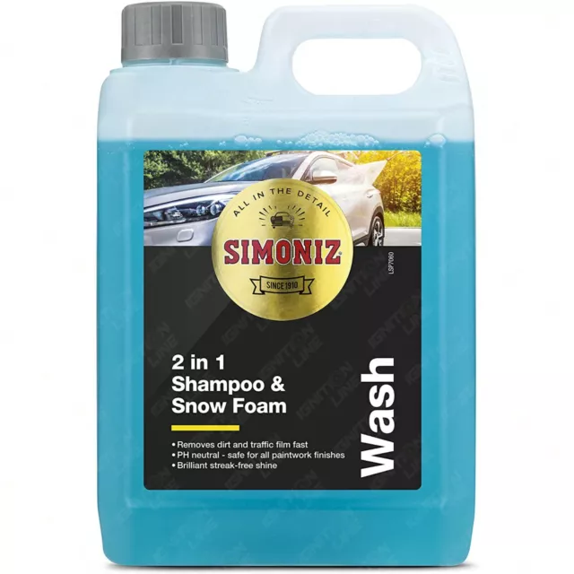 2L Simoniz 2 in 1 Shampoo Snow Foam pH Neutral Streak Free Car Wash Clean Dirt