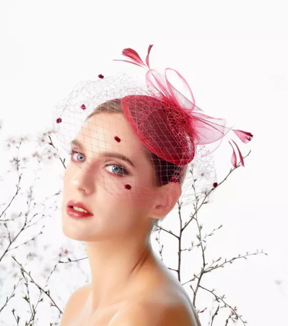 Burgundy Feather Wedding Fascinator Hat Woman Headpiece Polka Dot Net Hair Clip