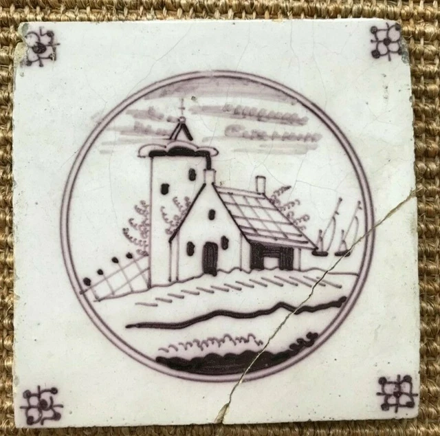Antique 18C Dutch Delft Manganese Tile Featuring Boats And A Farmstead