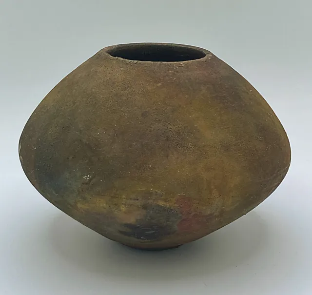 2005 Raku Art Pottery Vase Artist R.M. Signed Muted Earth Tones 8" wide