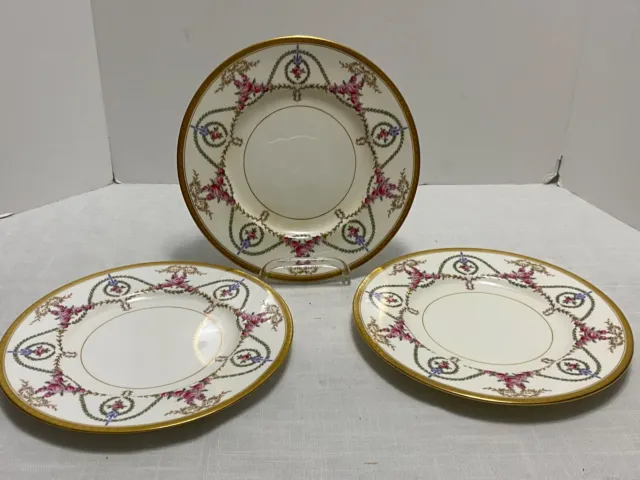 3 Minton 9" Luncheon Plates H2924 Pink Rose Swag Laurel Rope c1915 GoldEncrusted