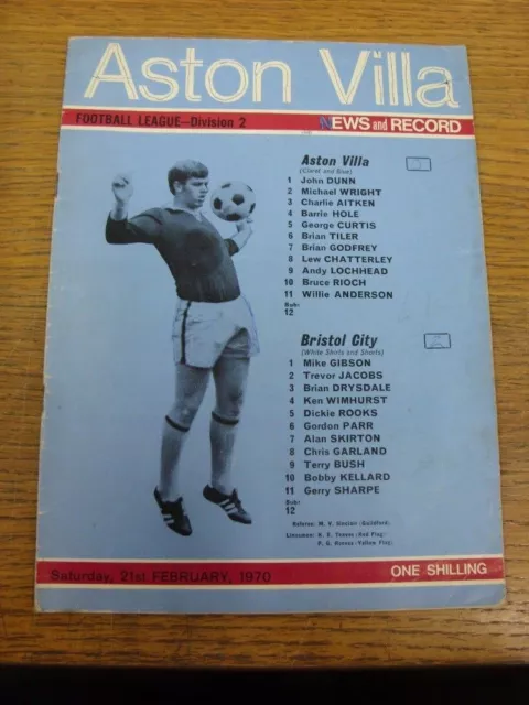 21/02/1970 Aston Villa v Bristol City  (creased, writing throughout). Footy Prog