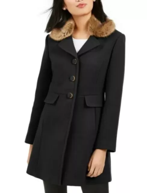 Kate Spade New York Faux-Fur-Trim Walker Coat in Black Women's Size Small NWT