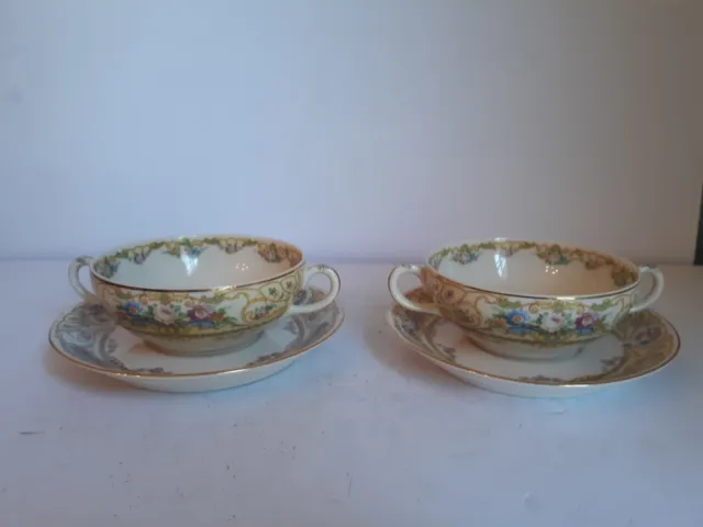 Set of 2 Syracuse China Old Ivory ROSE MARIE 2 Handled Soup Bowls and Saucers