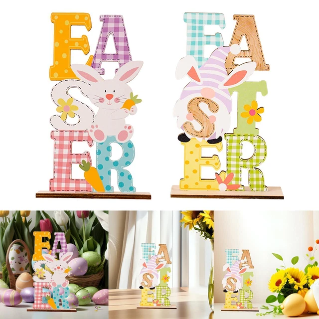 Set Decorativo Pasqua HKC – 6 Cartelli In Legno: Coniglietti E Uova Colorate Con Corda, Per Centrotavola Primaverile