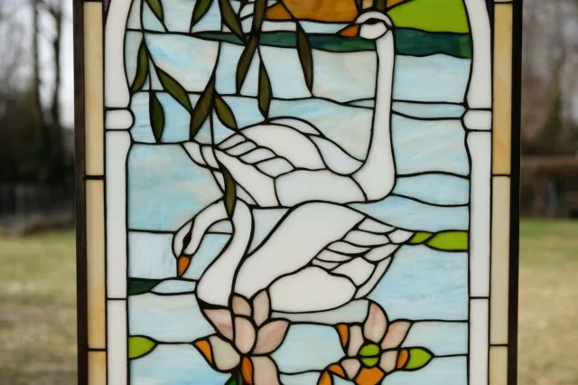 20.5"W x 34.75"H Handcrafted stained glass window panel two swans. 3