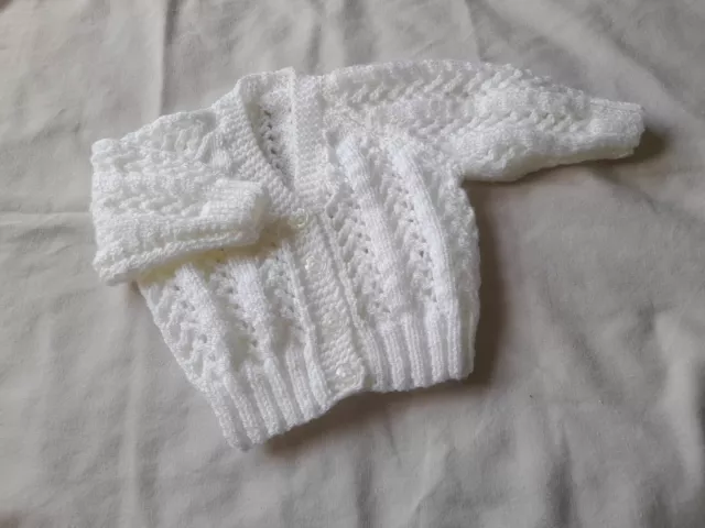 Hand Knitted White Baby Cardigan Size 0-3 Months