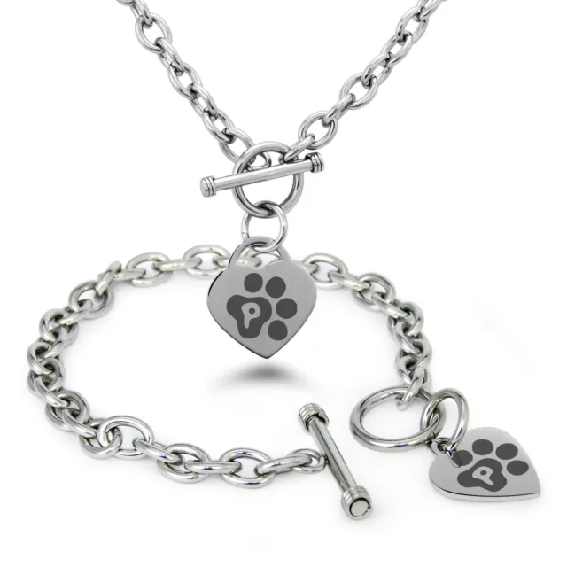 Stainless Steel Dog Cat Paw Monogram Heart Charm Bracelet, Necklace, Set