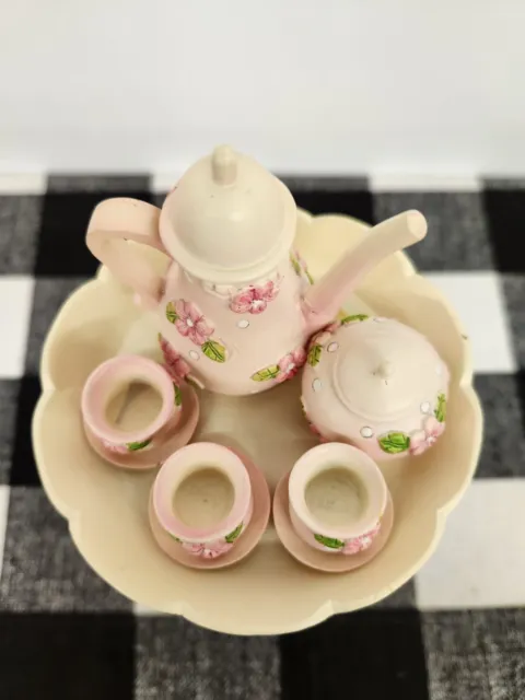 Vtg Heritage Signature Porcelain Doll Pink Tea Party Figurine and Metal Table 3
