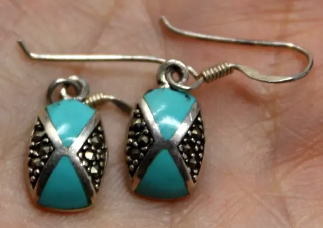 Vintage CW Sterling Silver Marcasite Turquoise Dangle Earrings Petite Wire J11LB