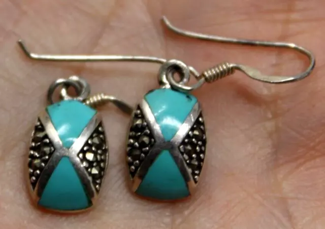 Vintage CW Sterling Silver Marcasite Turquoise Dangle Earrings Petite Wire J11LB Vintage CW Sterling Silver Marcasite Turquoise Dangle Earrings Petite Wire J11LB